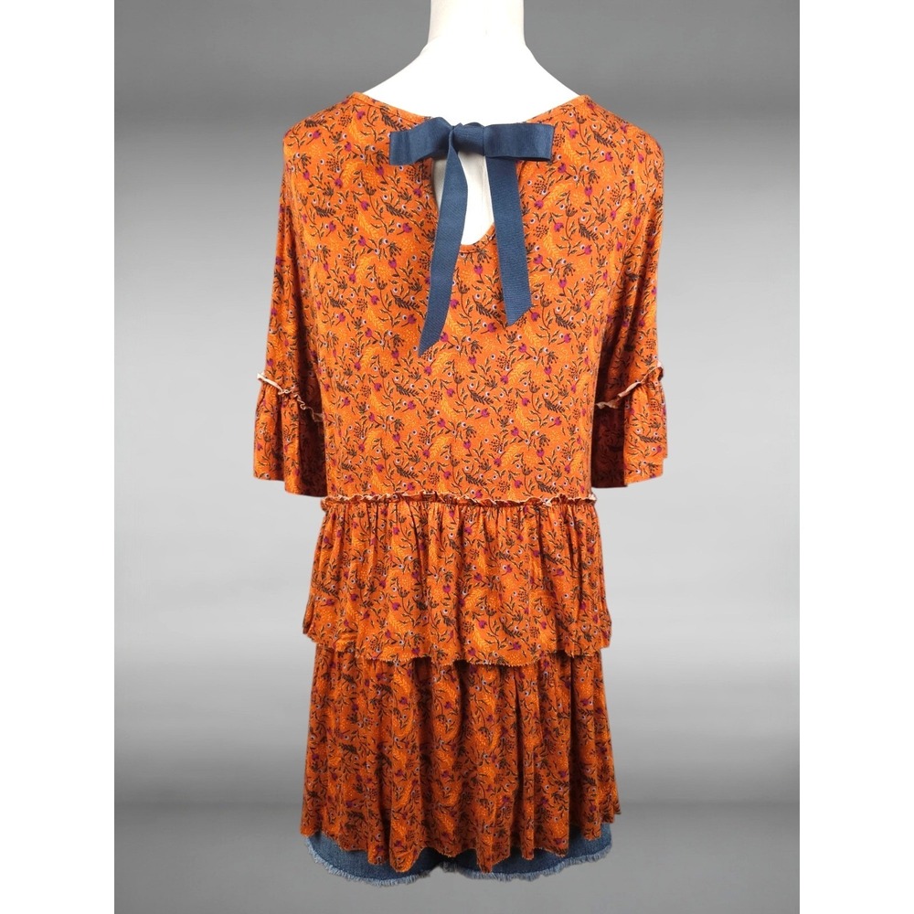 Cottagecore Prairie Floral Knit Mini Dress Tunic Orange Ruffle Tiered Womens M